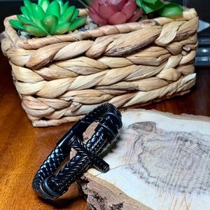 Men’s Braided Black Leather Cross Bracelet, with magnetic slide lock. 8.75”